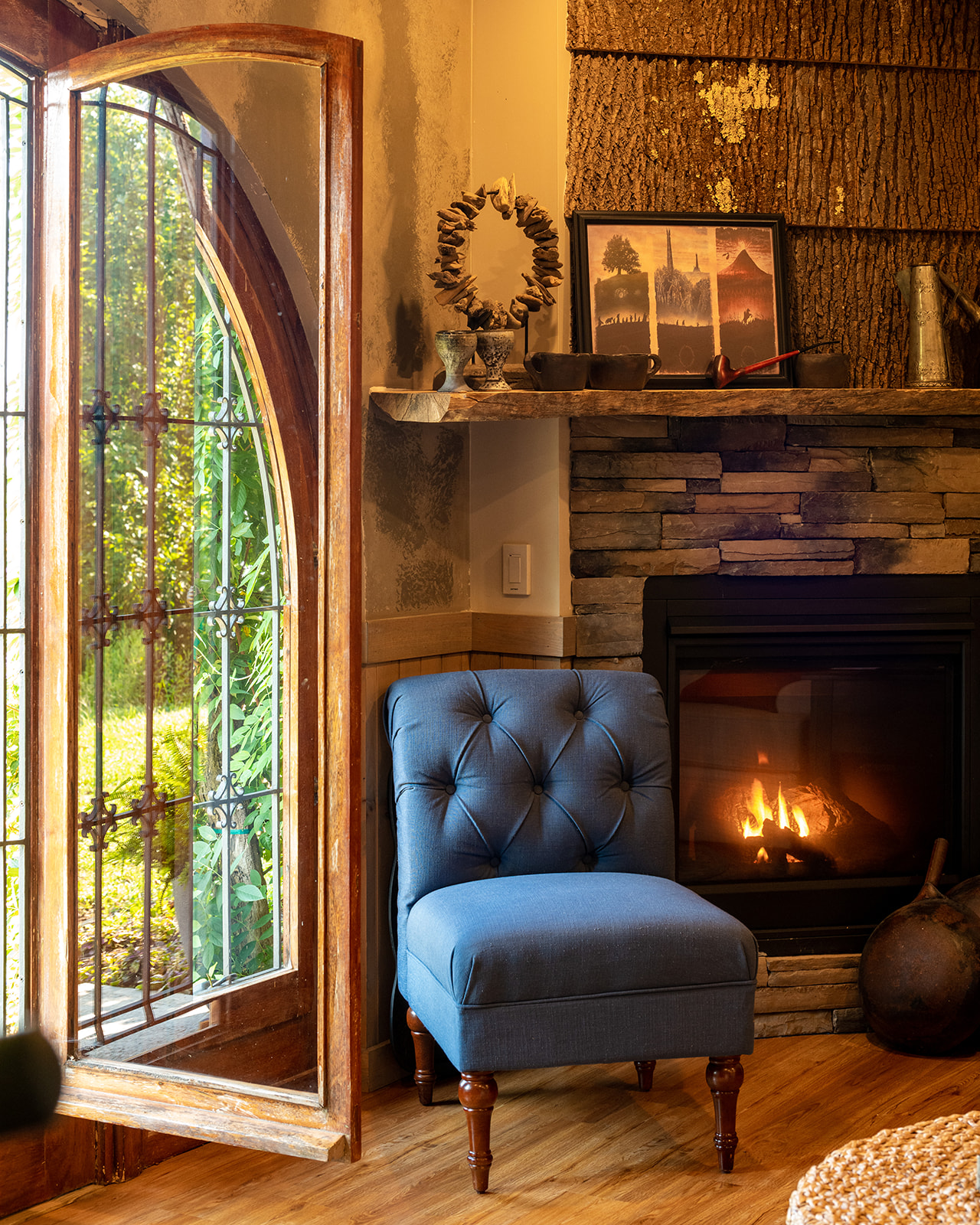 Dragons Knoll living room with fireplace