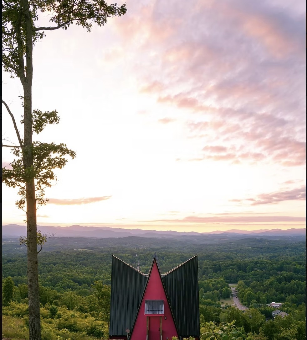 Lotus magenta A-frame glowing at Blue Ridge sunset