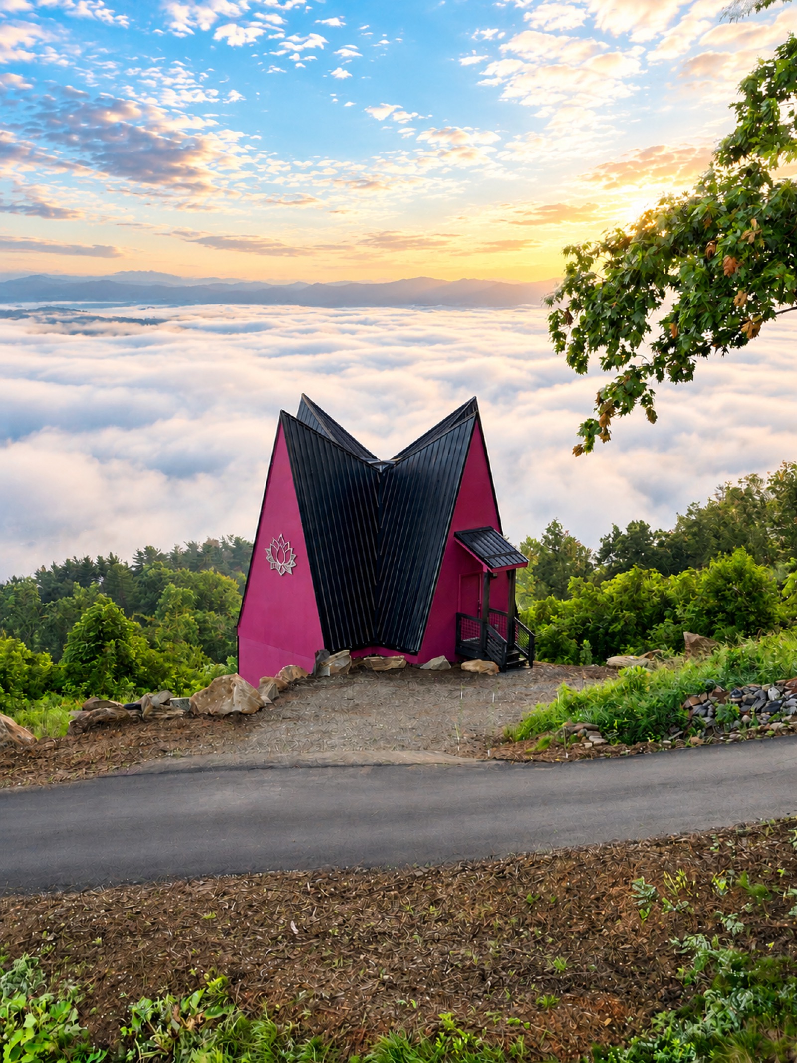 Lotus — bold magenta A-frame with lotus emblem under a blue sky