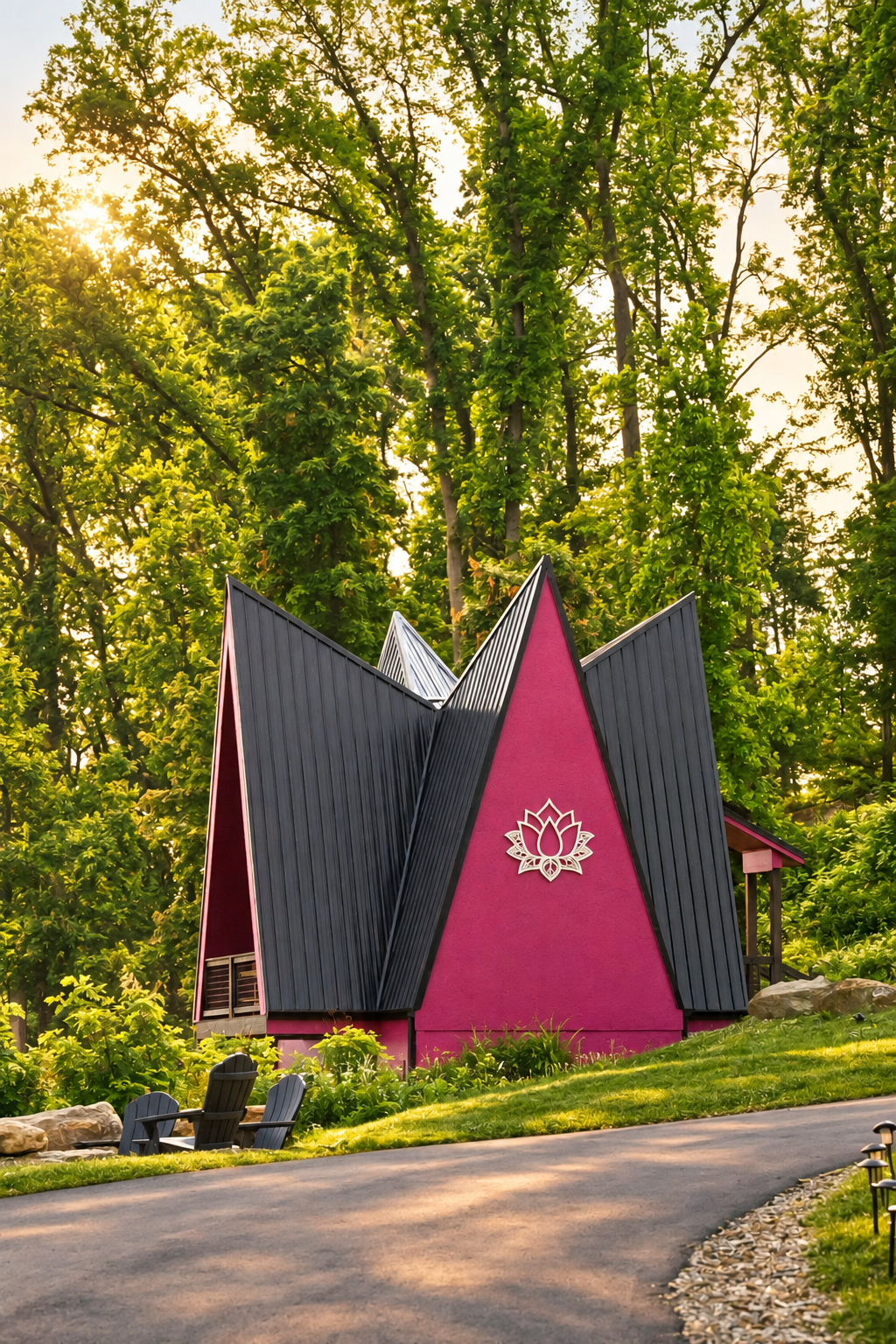 Pink, sharply peaked Lotus A-frame beneath sunlit trees, with a driveway and outdoor chairs in front.