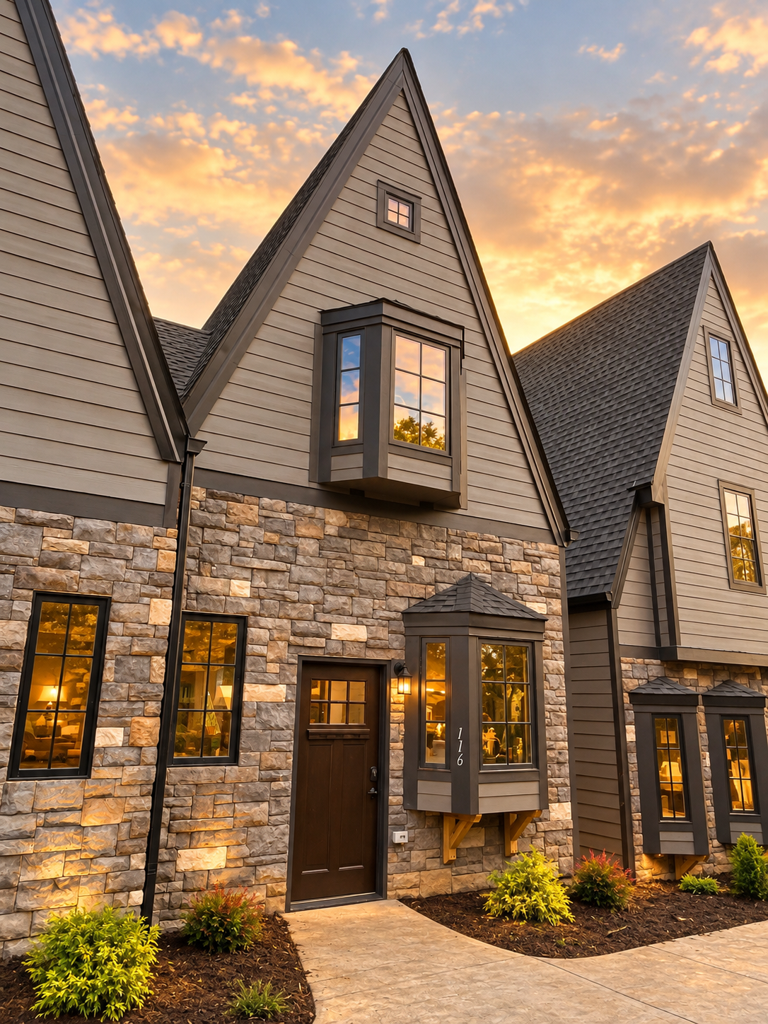 Stone-and-timber multi-gabled house with warmly lit windows beneath a peach-colored sunset sky.