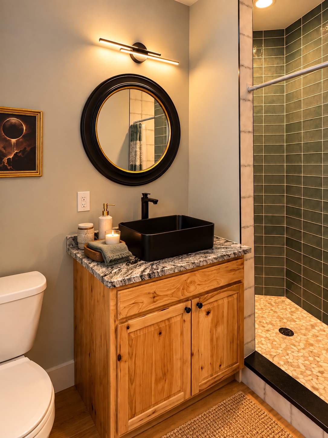 Bathroom with a black vessel sink, round mirror, and tiled shower