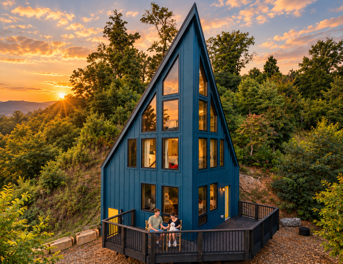 Blue A-frame cabin with glowing windows and a deck, where two people sit with a small white dog at sunset, surrounded by trees and a mountain ridge.