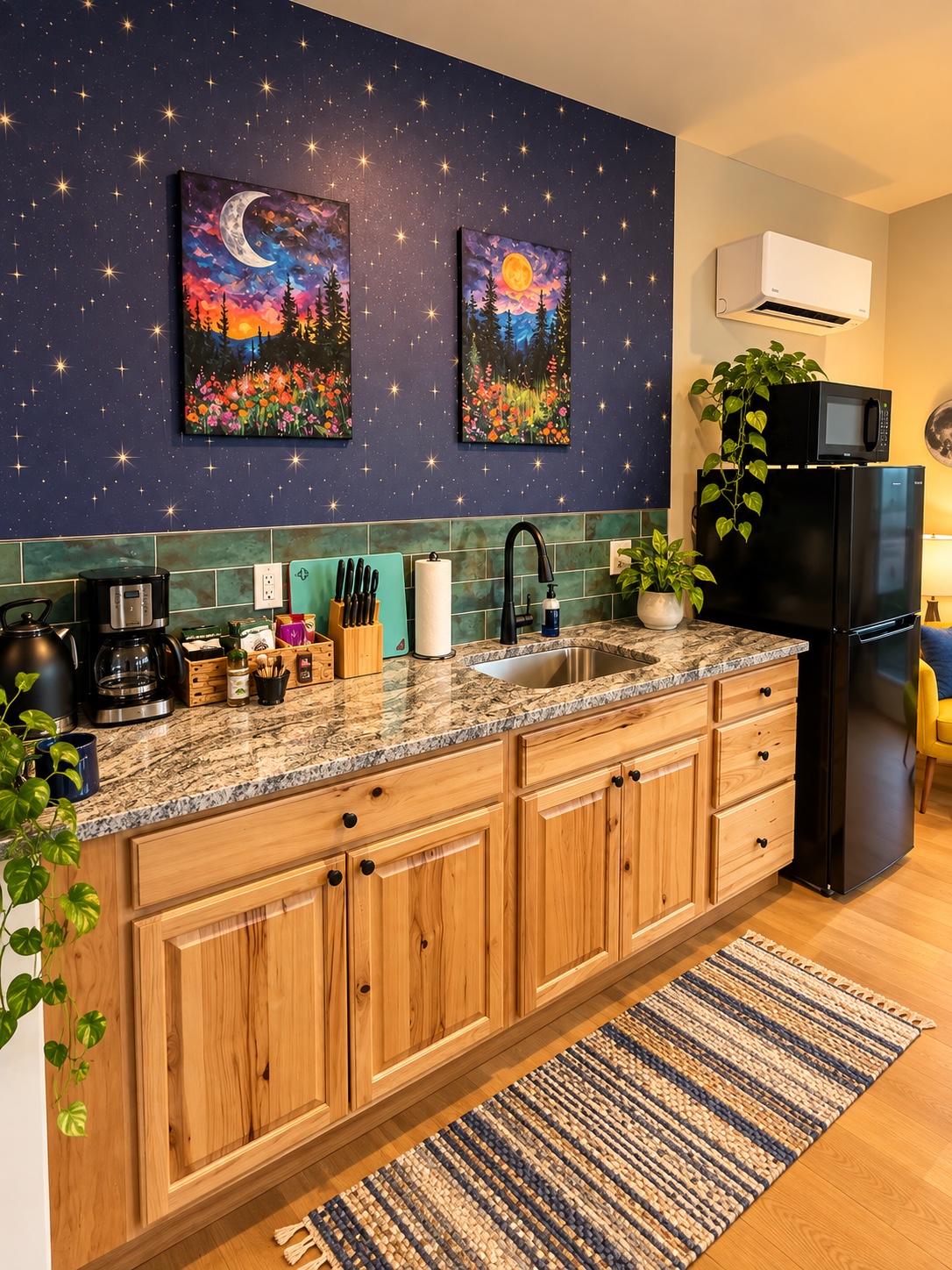 Kitchenette with wood cabinets, green tile, and sun-and-moon artwork