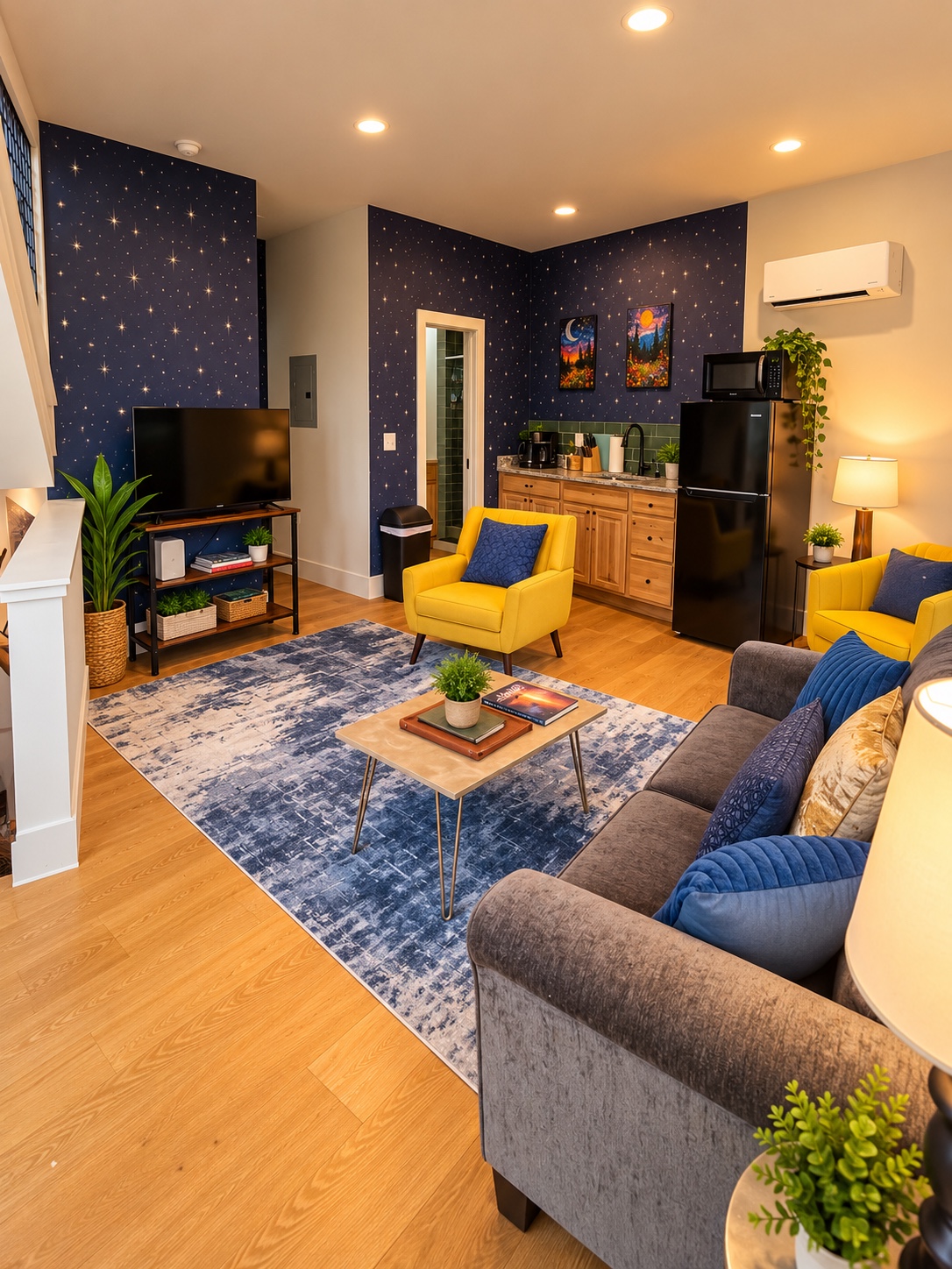 Living room and kitchenette with star-patterned blue walls