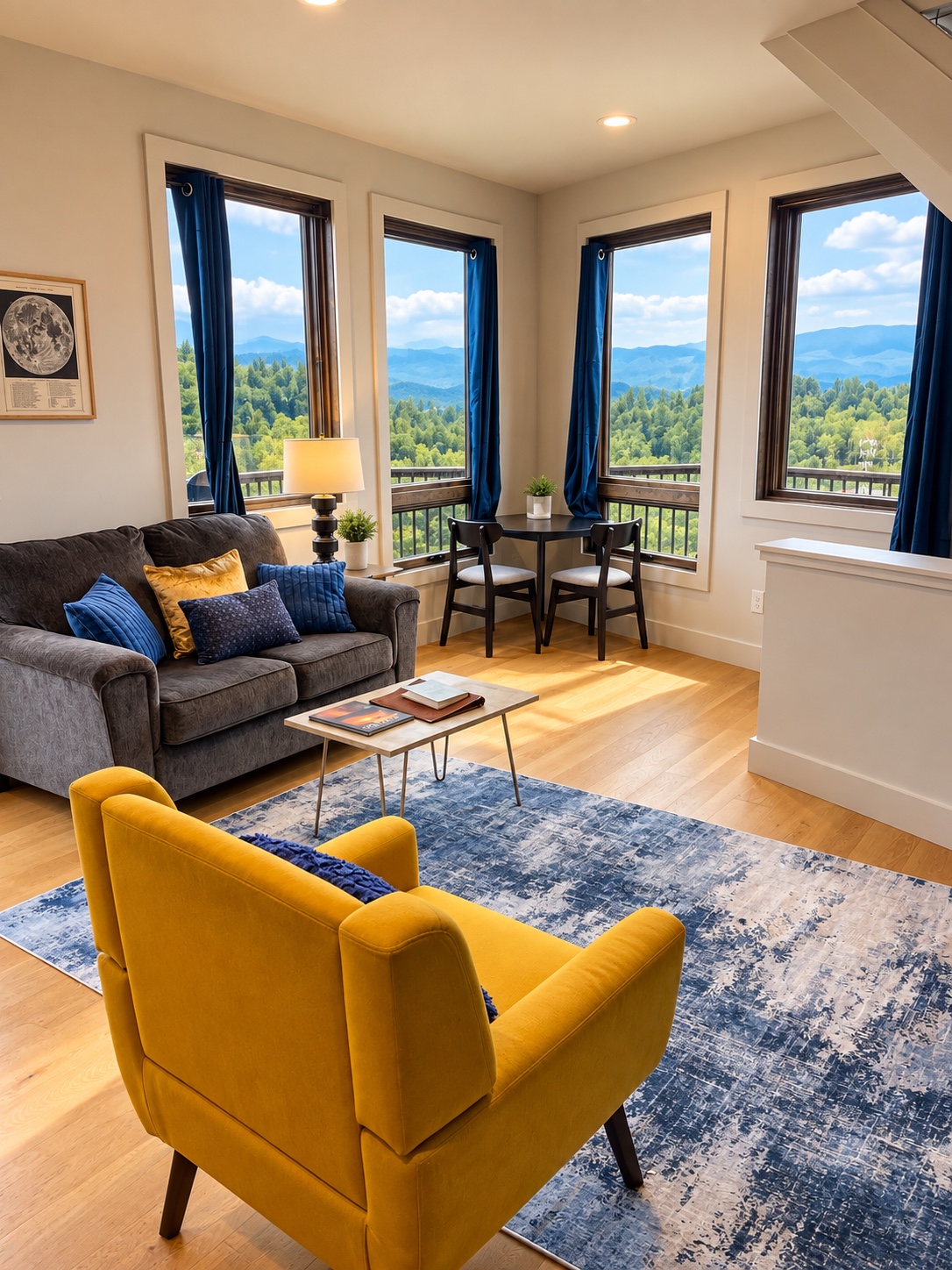 Living room seating overlooking the Blue Ridge Mountains