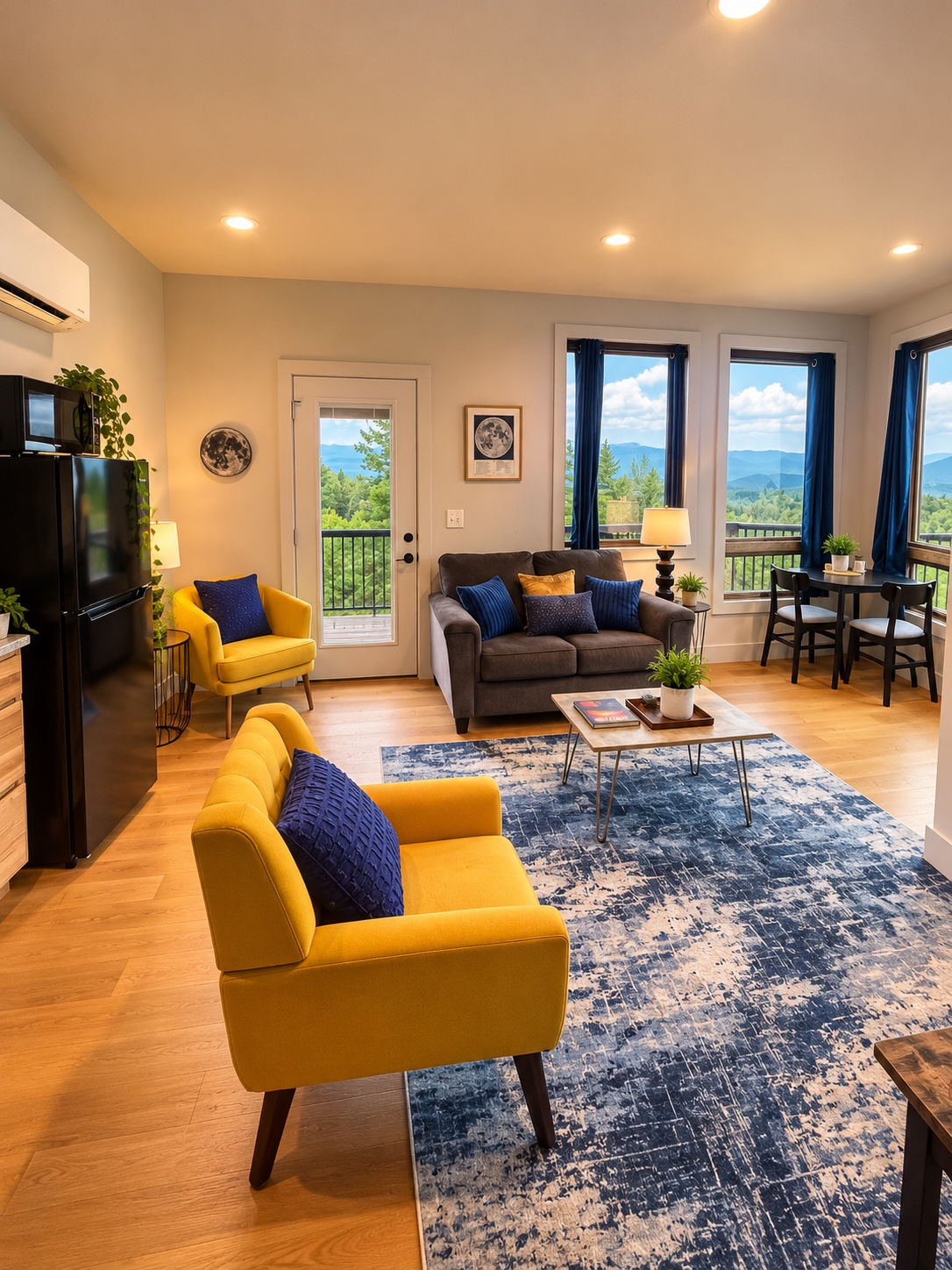Yellow armchairs and a blue rug in Stargazer Prism's mountain-view living room