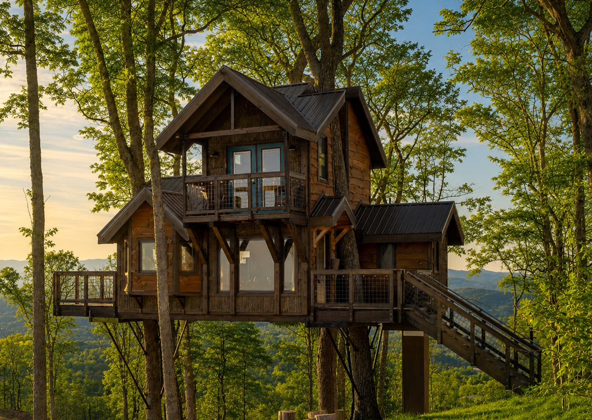 Wooden two-story treehouse with wraparound decks and an exterior stairway among leafy trees, overlooking a mountain valley at sunset.